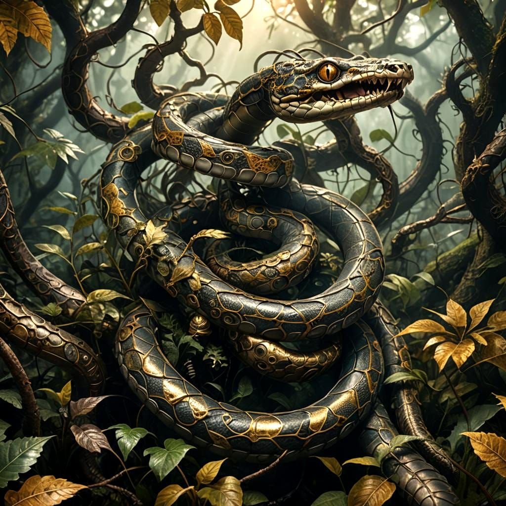 Creepy Steampunk Snake Slithering Through a Forest