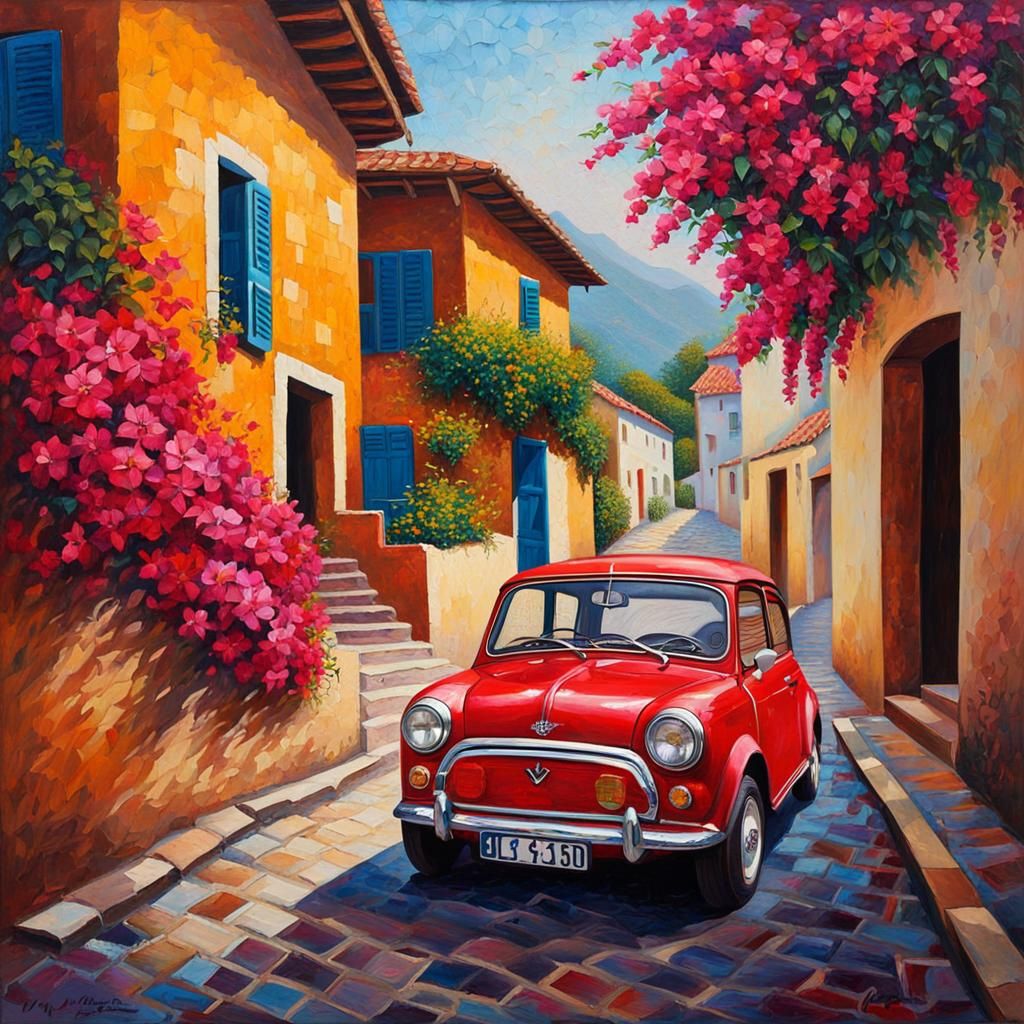 Girl Driving Mini Cooper: Cracked Watercolor Impasto