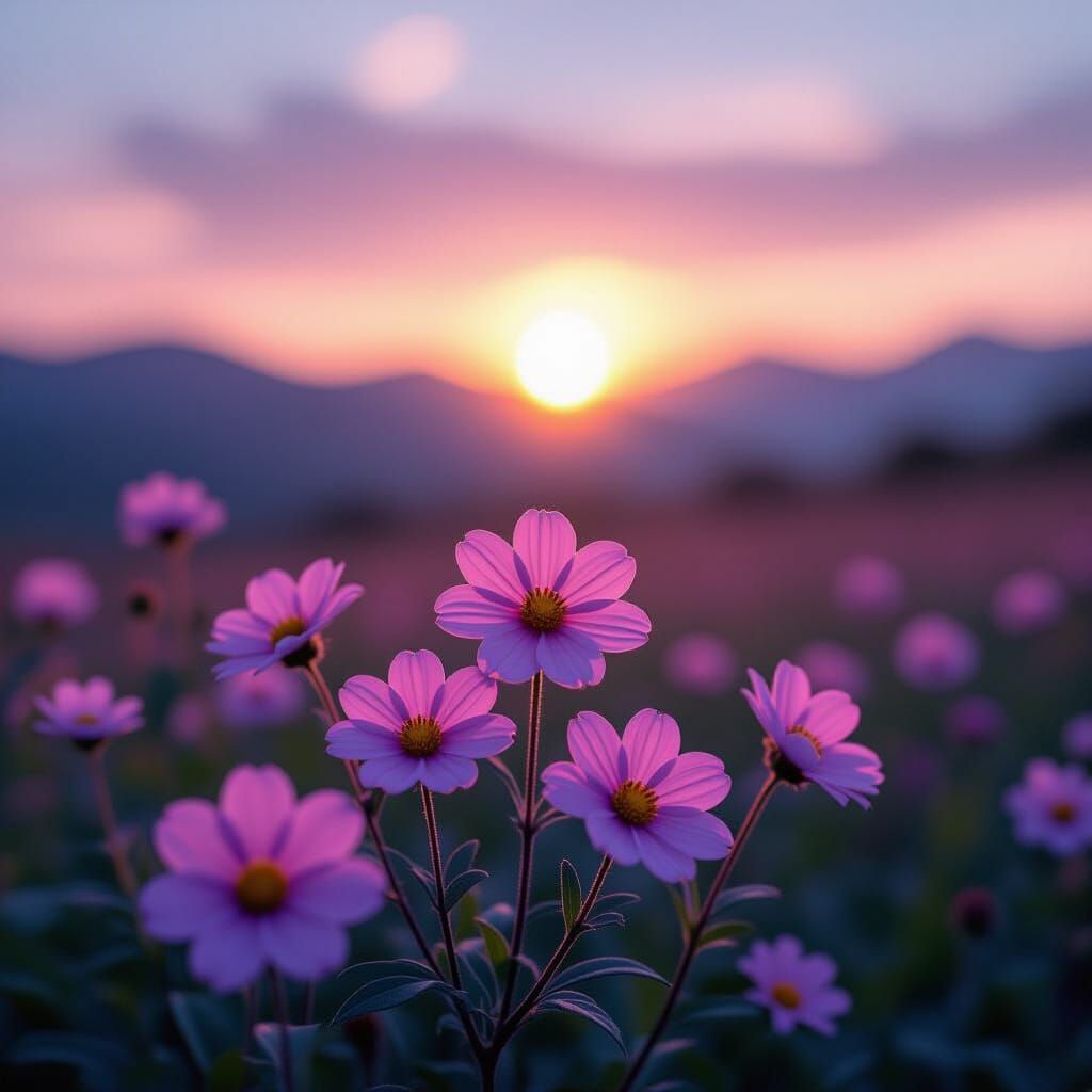 Morning Dew on Pink Flowers in Golden Hour Light