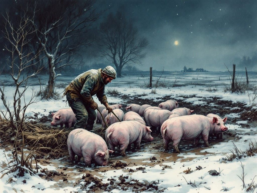 Farmer Tending to Pigs in Snowy Winter Landscape, in Whimsic...