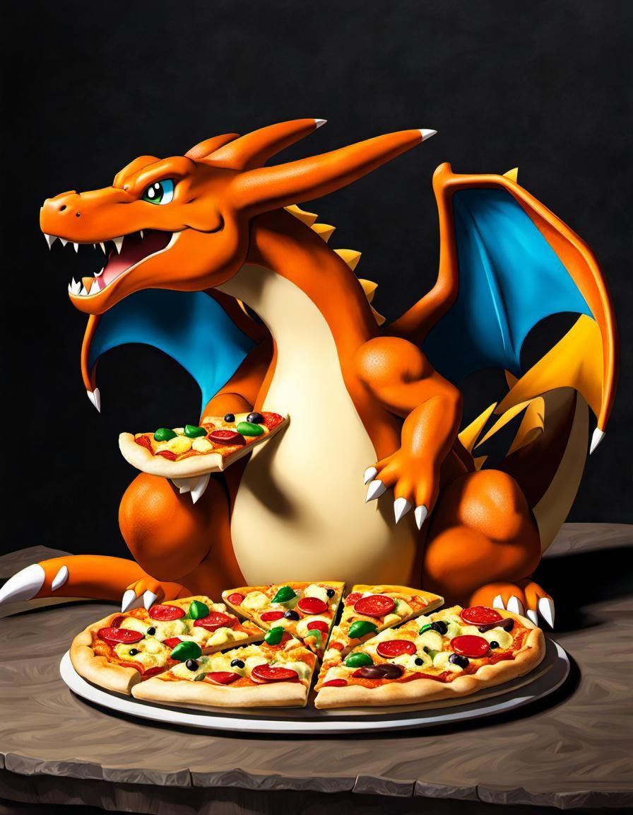 Charizard eating a whole pizza