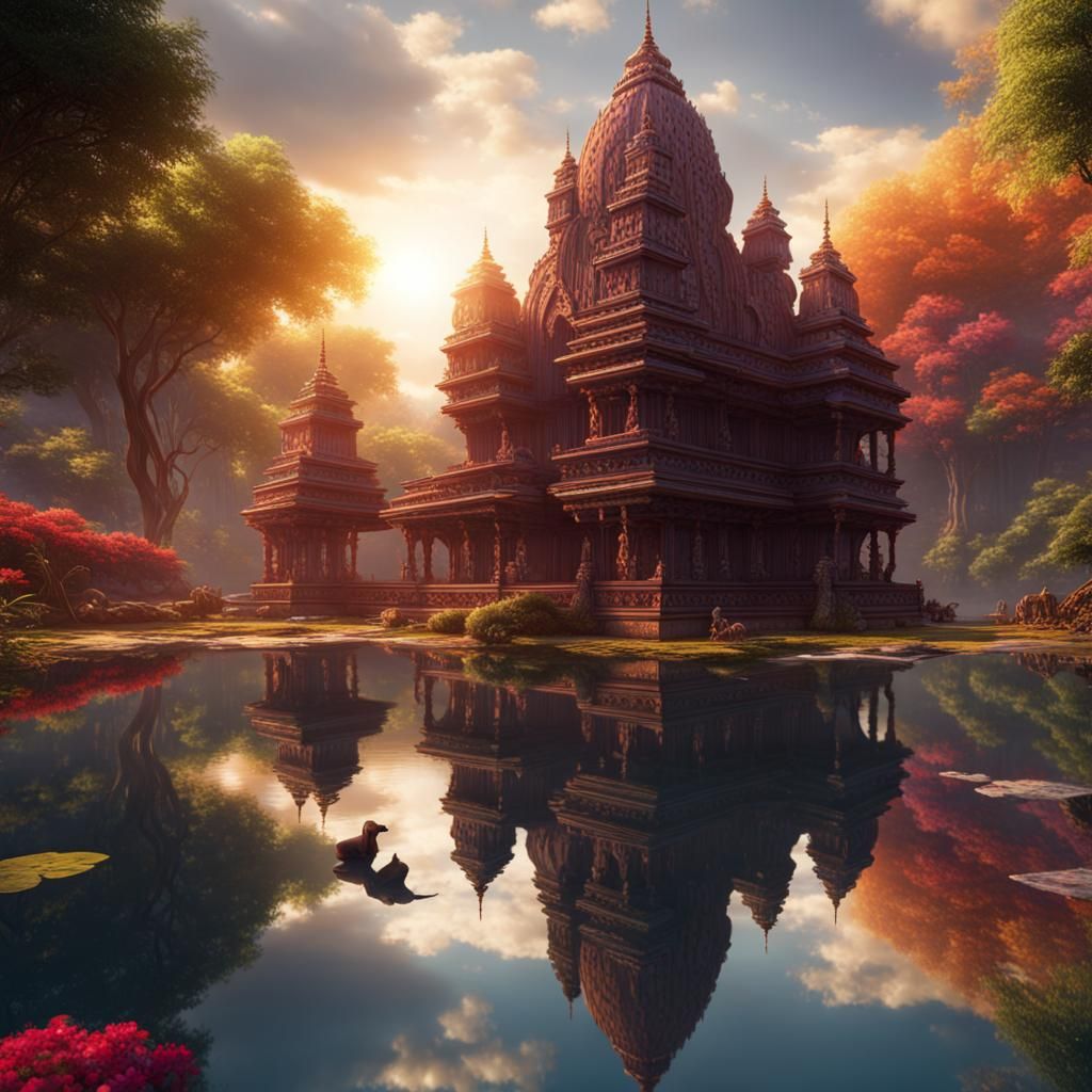 Indian Temple Reflection in Calm Water
