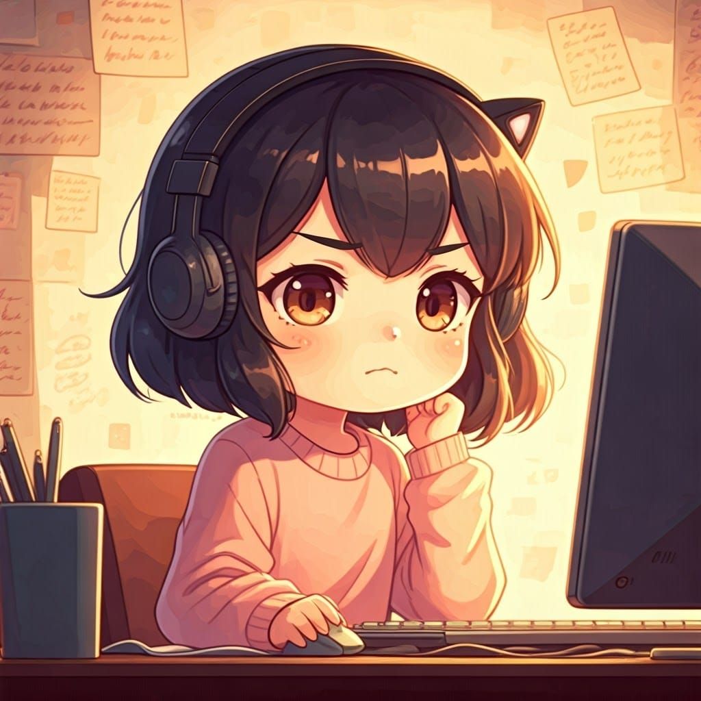 Chibi Anime Girl in Frustrated Coding Scene
