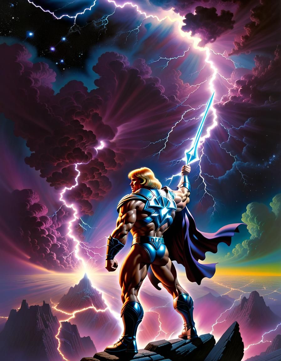 He-Man with Sword in Cosmic Lightning Storm