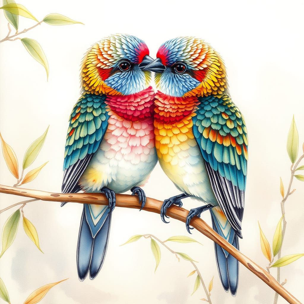 Love Birds on Bamboo in Watercolour Style