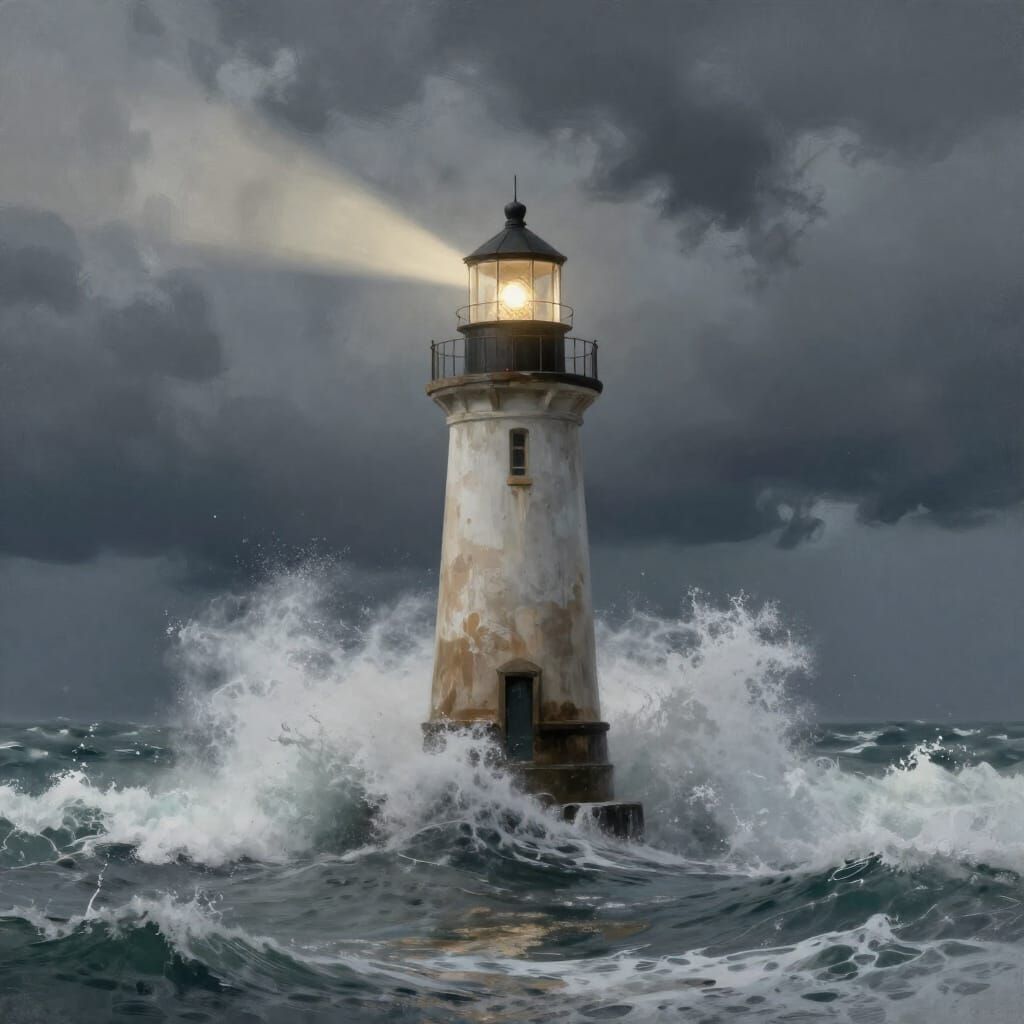 Weathered Lighthouse Braving Stormy Seas