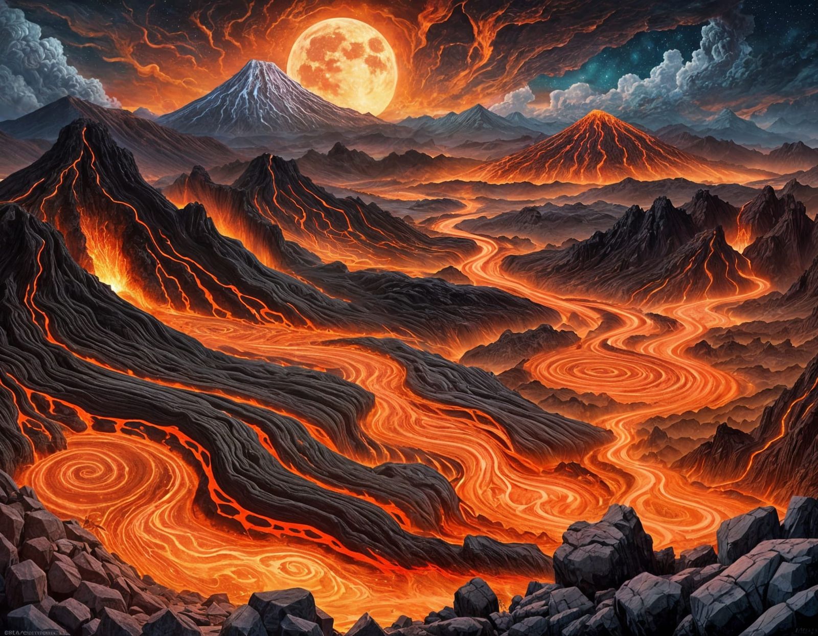 Volcanic Lava Flows in Maximalist Watercolor