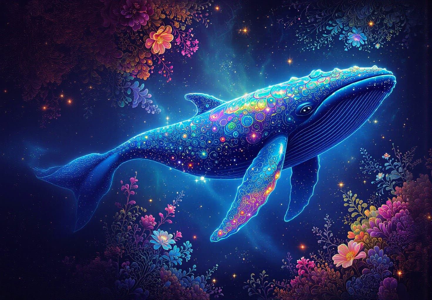 Cosmic Whale Swimming Through Nebula in Psychedelic Style