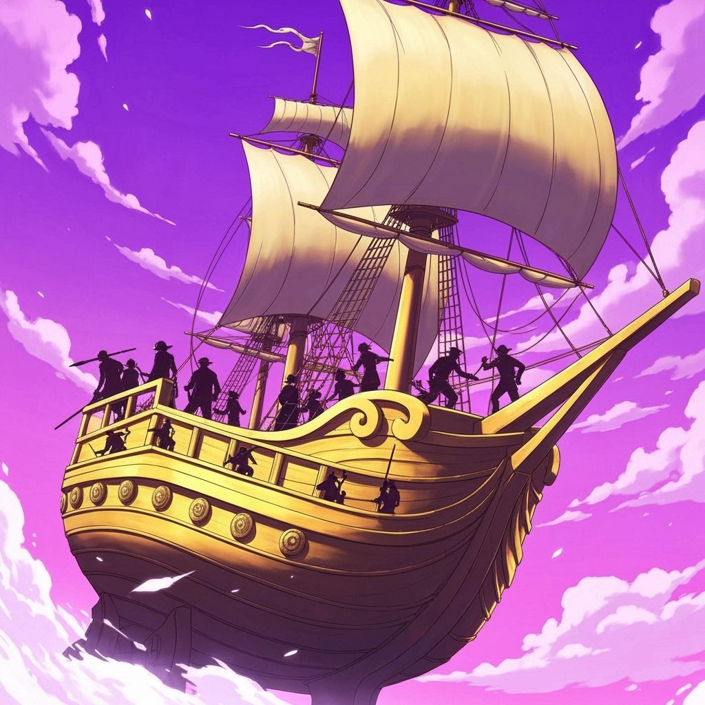 Golden Pirate Ship Anime Soaring in Purple Sky