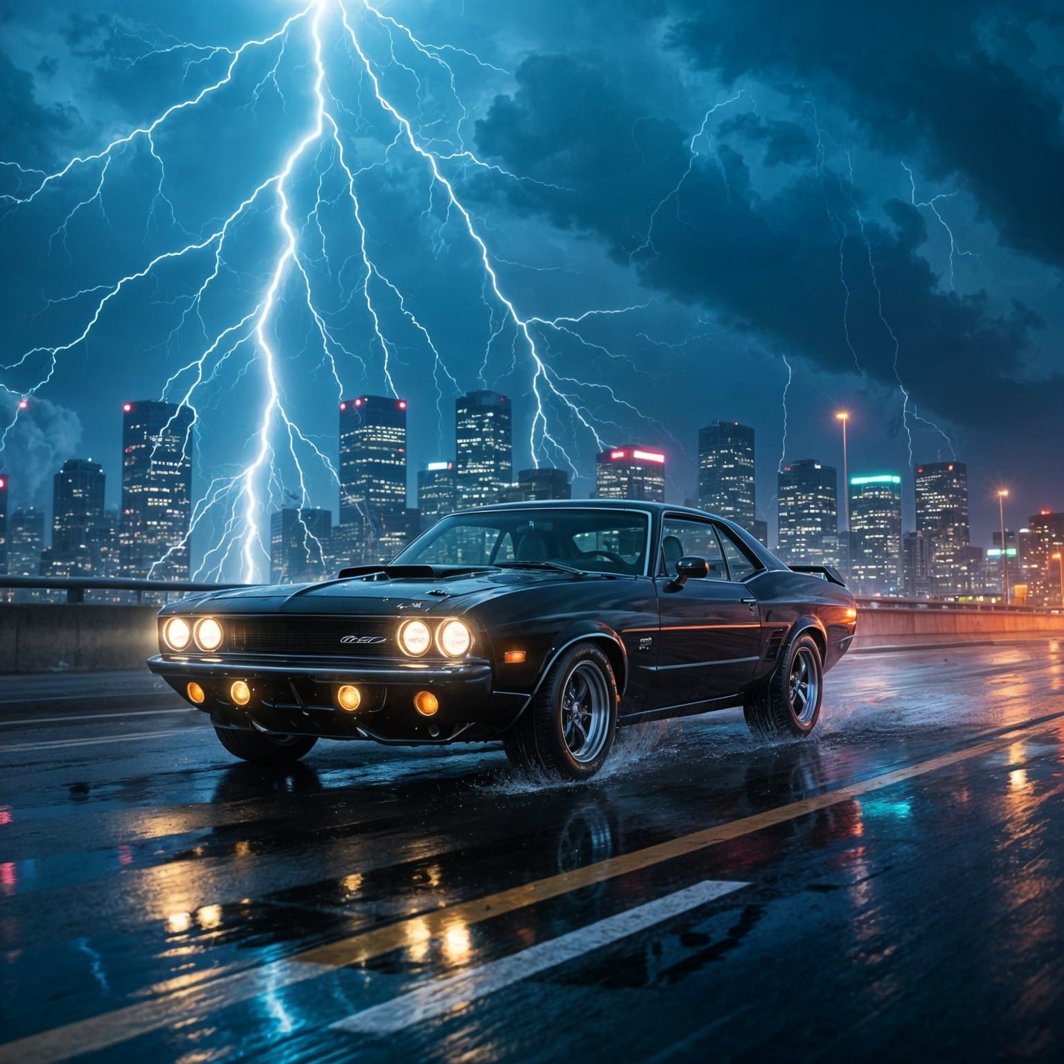 Muscle Car Races Lightning in Stormy City
