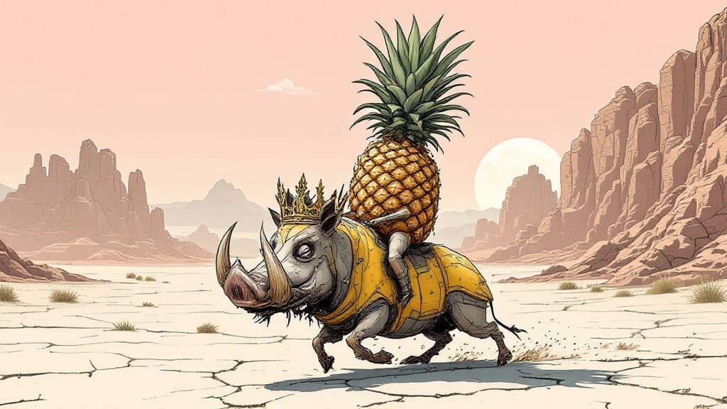 Surreal Pineapple Warthog Wears Ornate, Oversized Crown