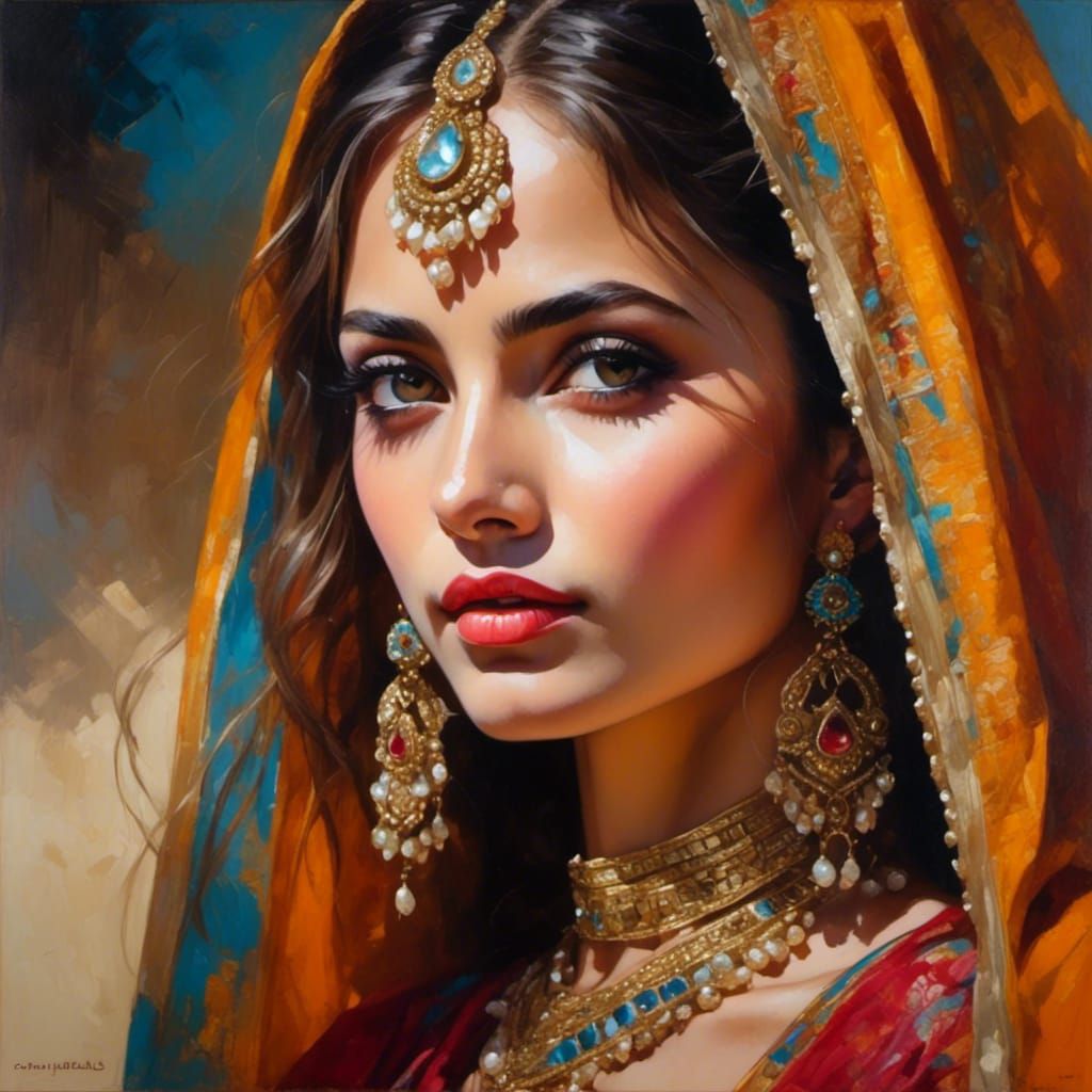 Stunning Indian Woman in Traditional Dress, Oil Painting