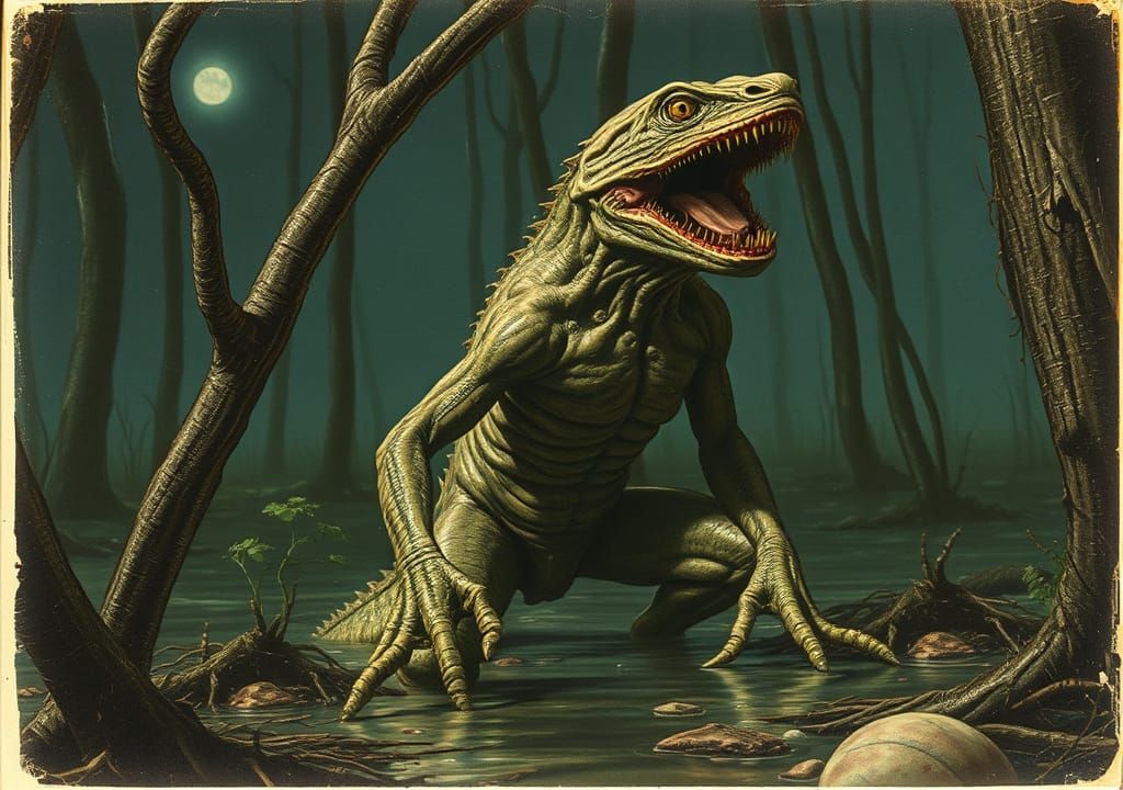 Swamp Lizardman Encounter in Comic Book Horror Style