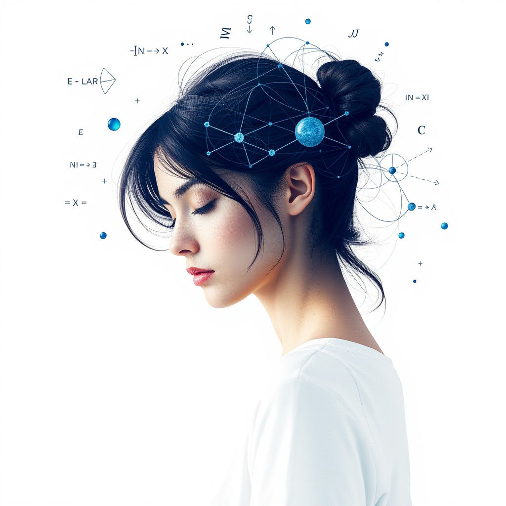 Contemplative Woman Surrounded by Scientific Symbols
