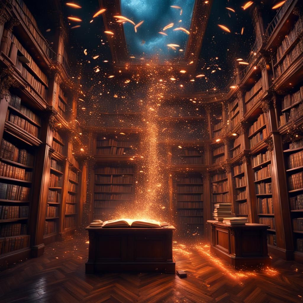 Magical Library with Flying Books and Glitter