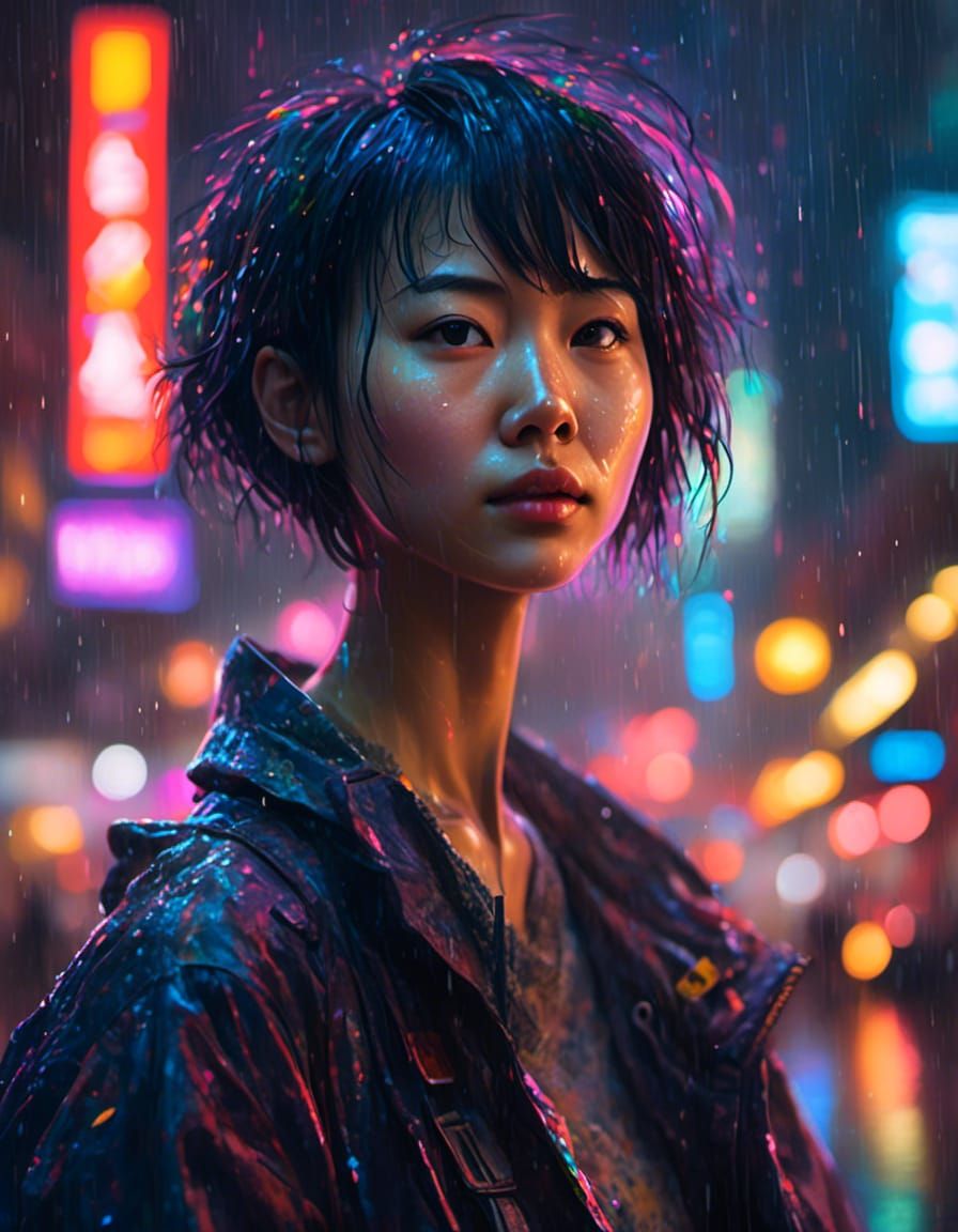 Asian Woman in Rain with Neon Signs, Hyperrealistic