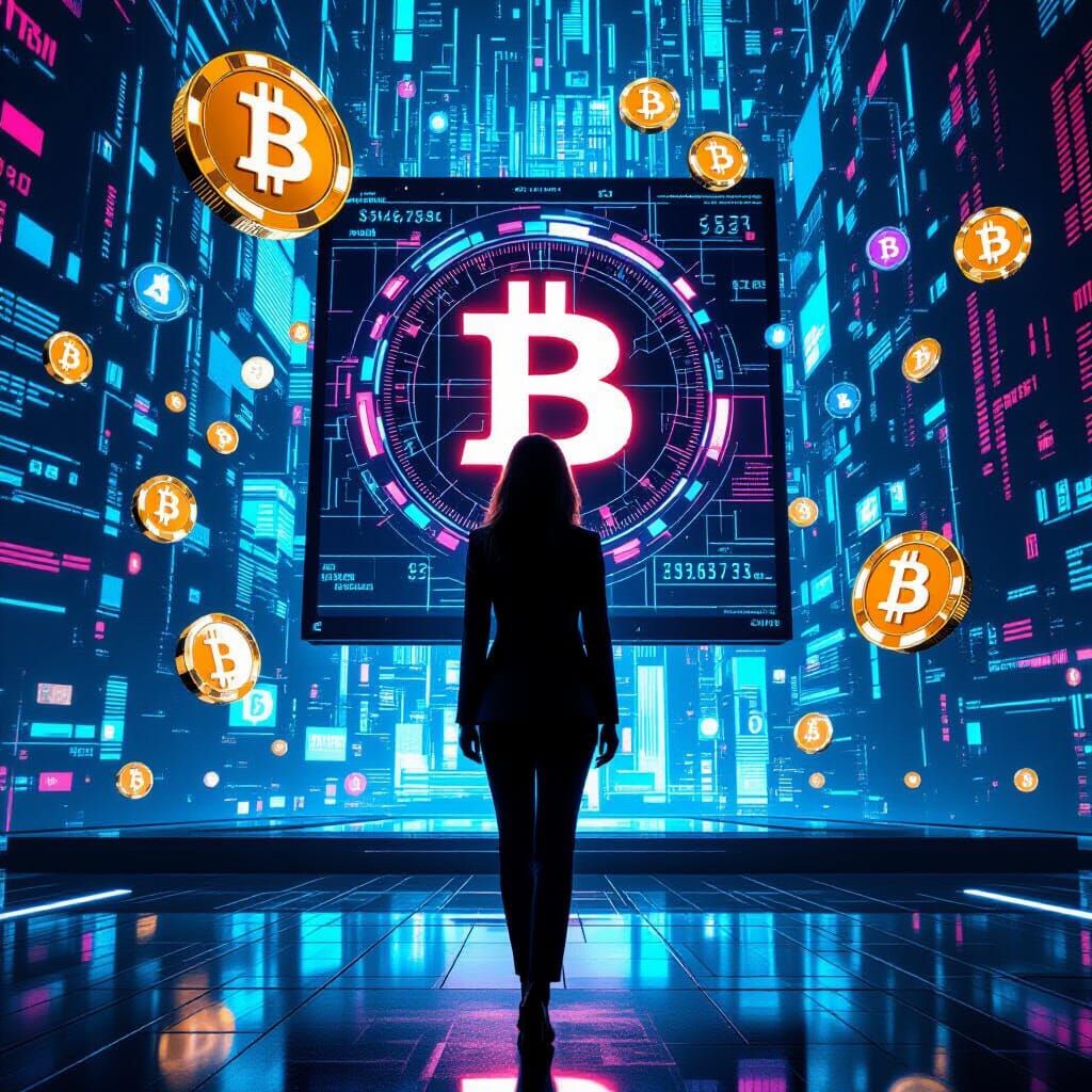 Cyberpunk Businesswoman Surrounded by Crypto Logos
