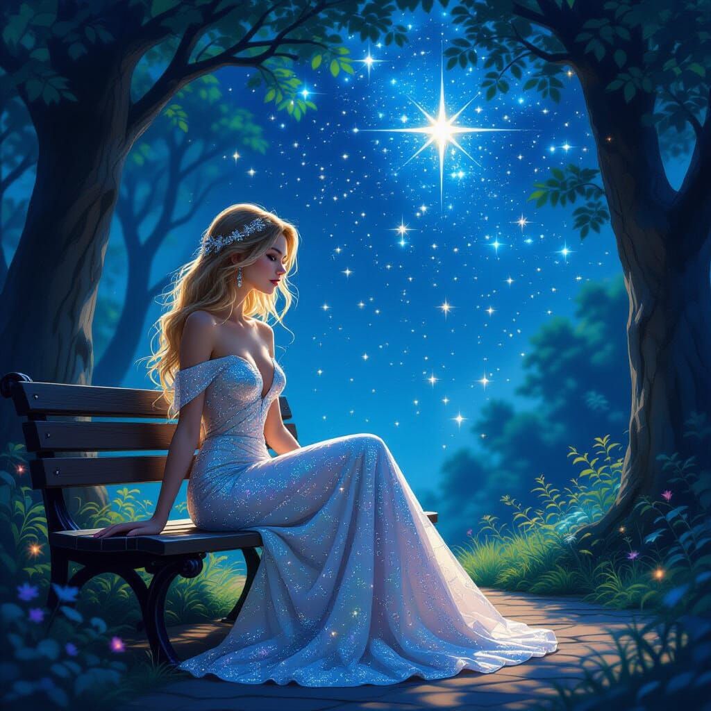 Woman in Sequined Dress on Bench Under Starry Sky