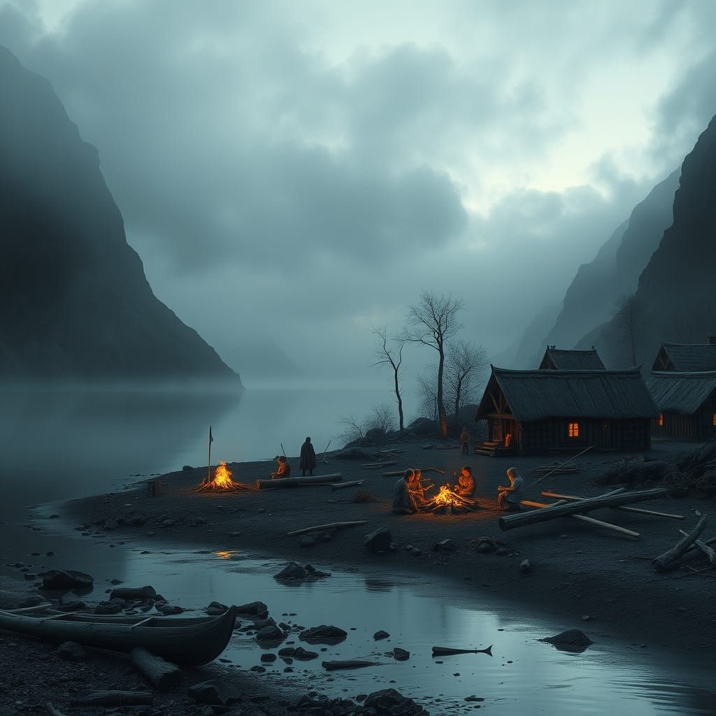 Norse Village by Moonlit Fjords