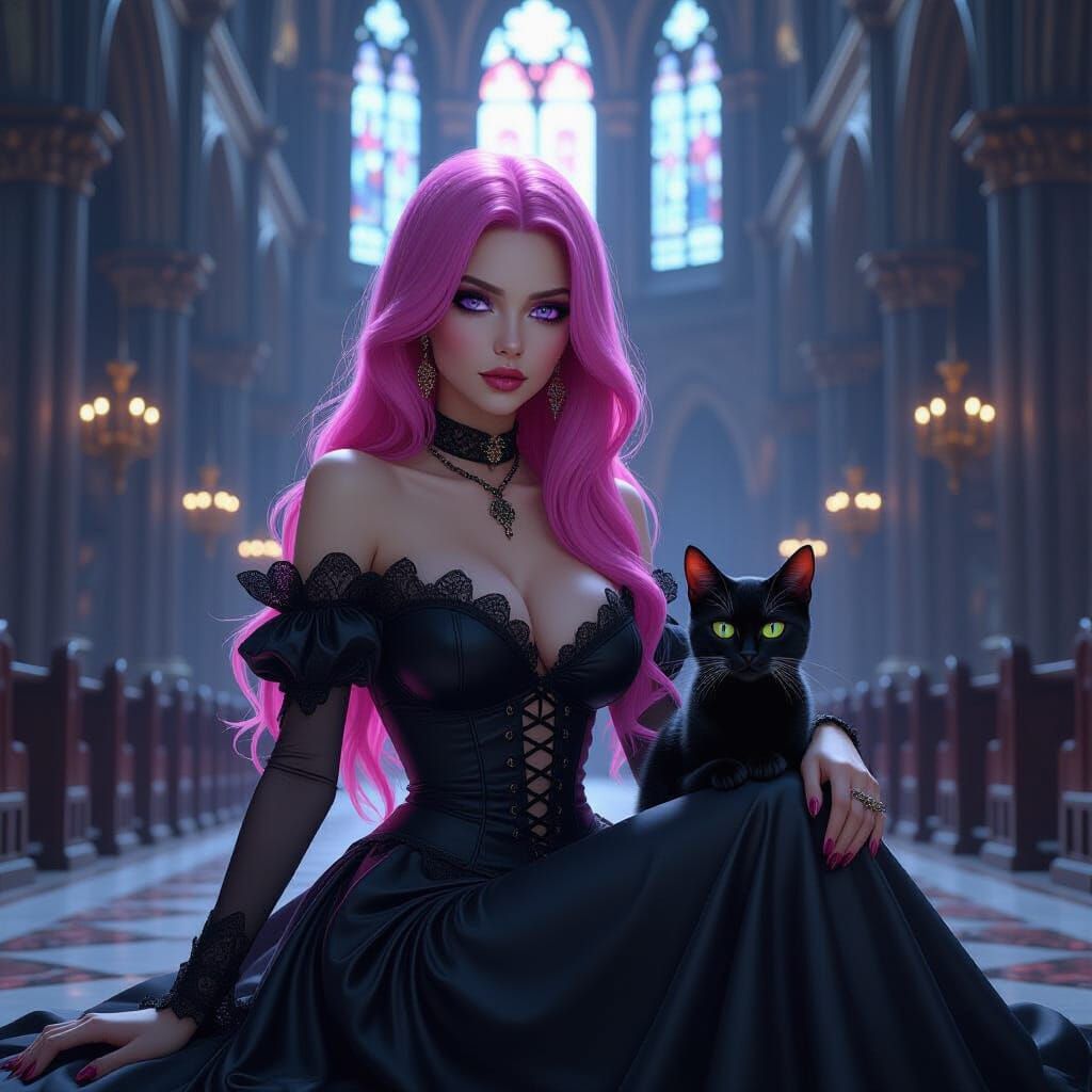Gothic Woman with Black Cat in Cathedral, Dark Fantasy Art
