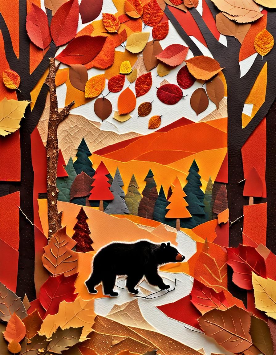 Bear Trekking in Autumn Forest Paper Collage