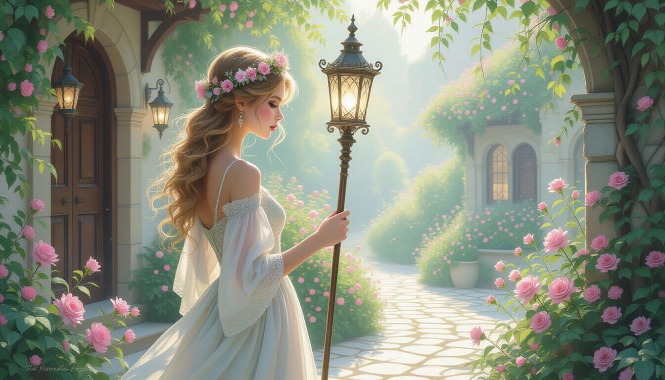 Ethereal Fey Attendant with Lantern Staff in Misty Courtyard