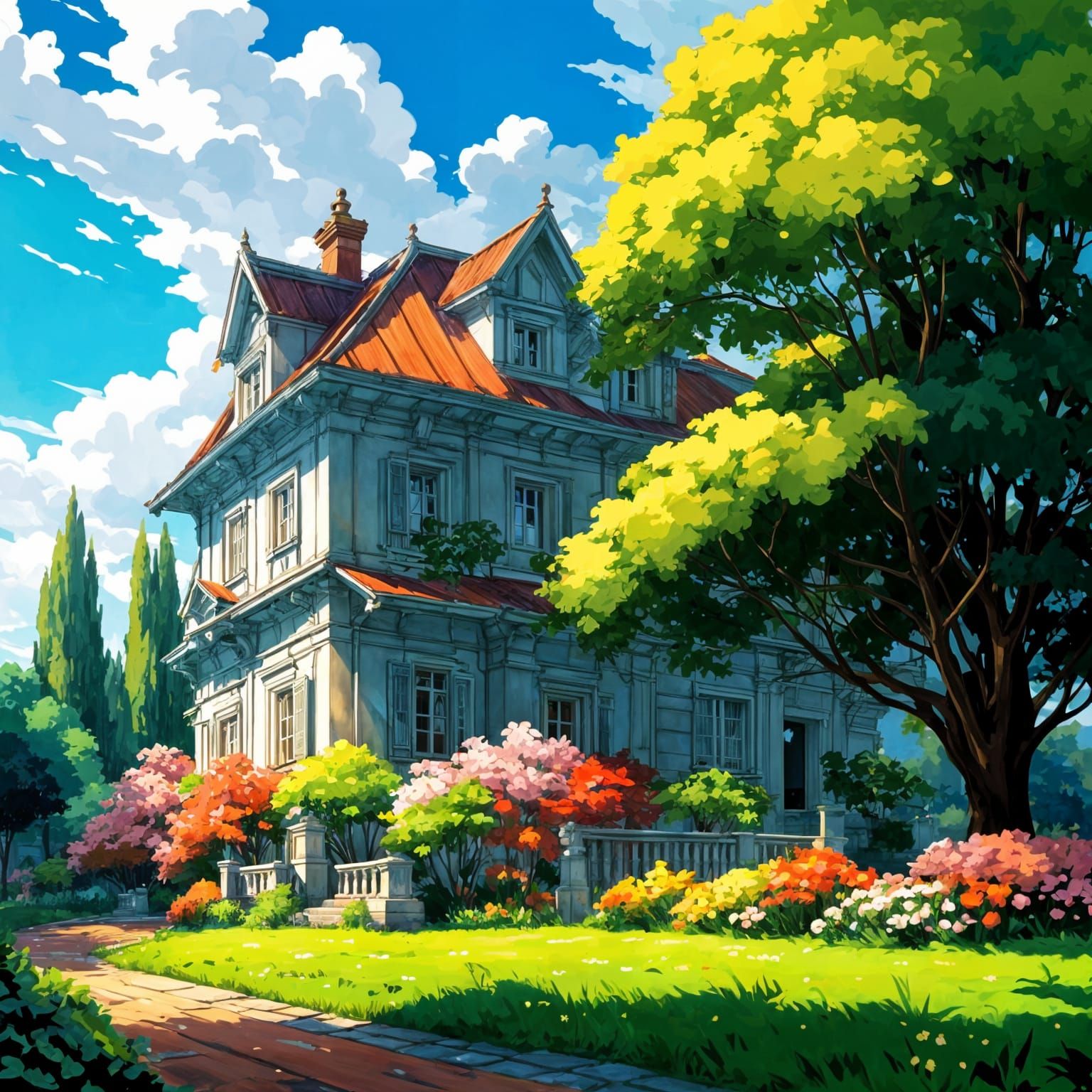 European House in Anime Style After Rain