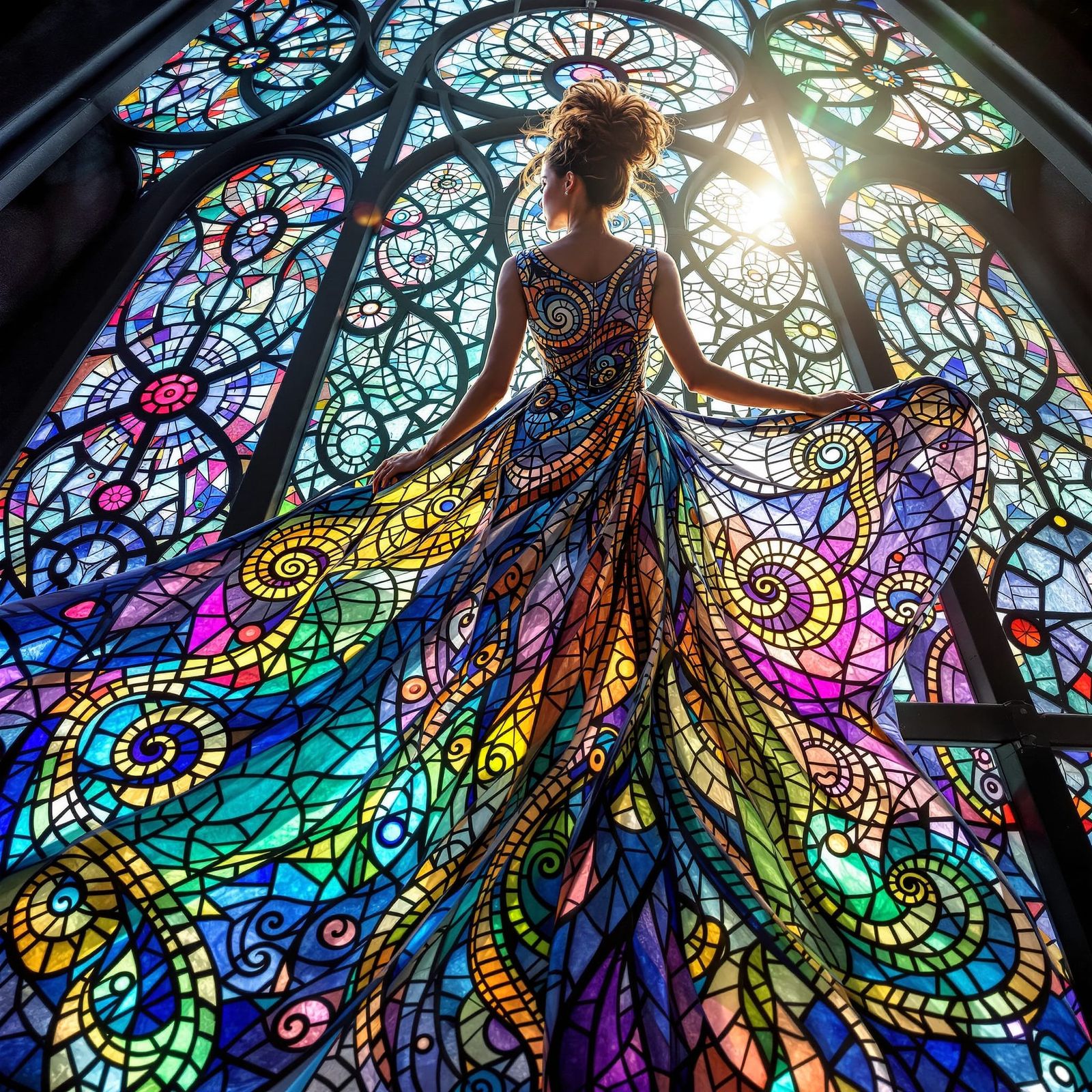 Maori Woman in Flowing Stained Glass Gown