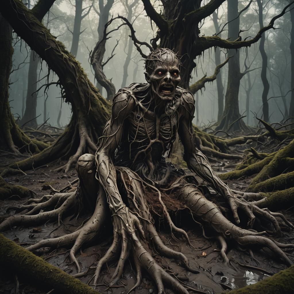 Mud Man Agony in Eerie Forest: Surreal Concept Art