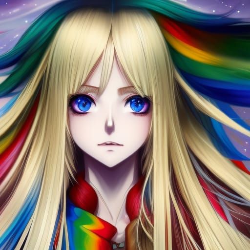 Anime Close-Up of Woman with Rainbow Eyes