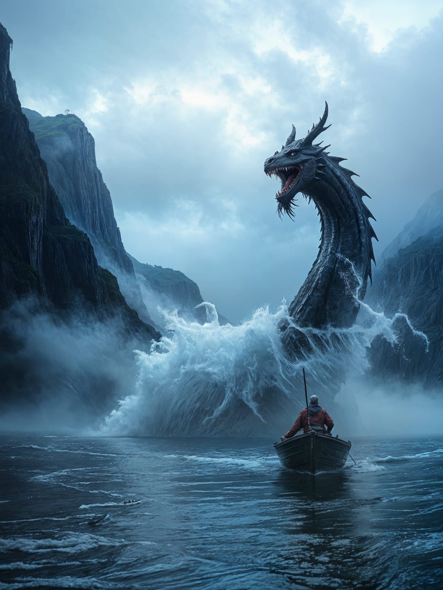 Fantasy Water Dragon Emerges in Dark Fjord