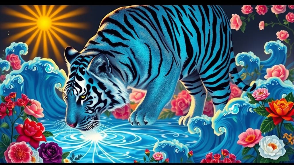 Majestic Blue Tiger in Vibrant Floral Sanctuary
