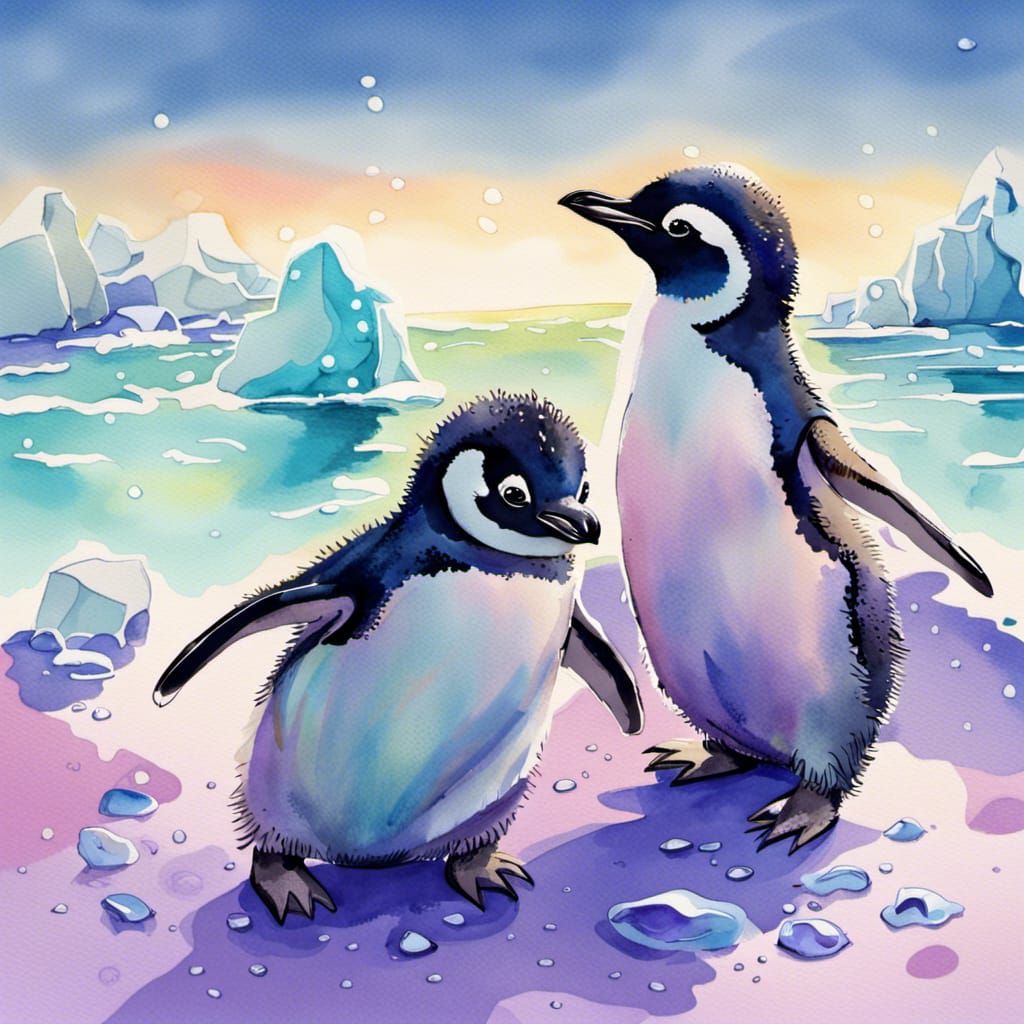 Adorable Baby Penguins in Ghibli-Style Watercolor Painting