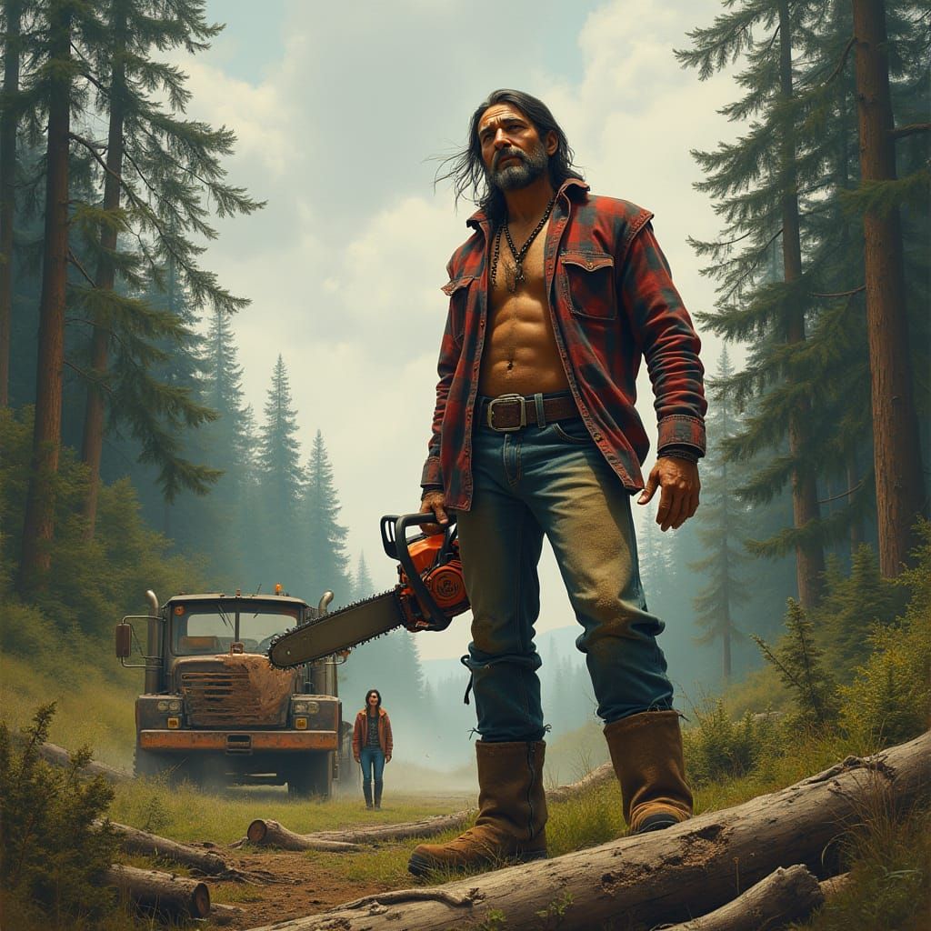 Native American Warrior Stands Tall Amidst Felled Timber