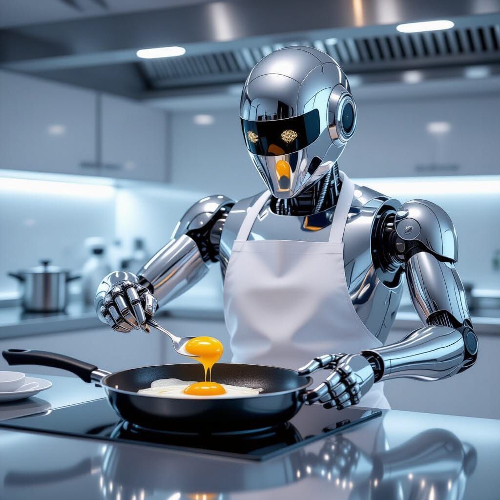 Chrome Robot Frying Egg in Modern Kitchen