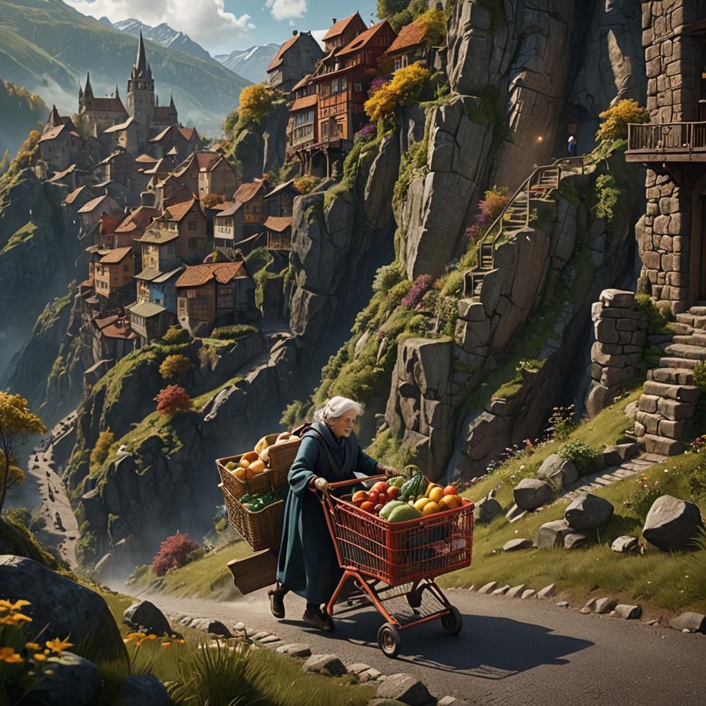 Old Woman Climbing Hill: Detailed Matte Painting