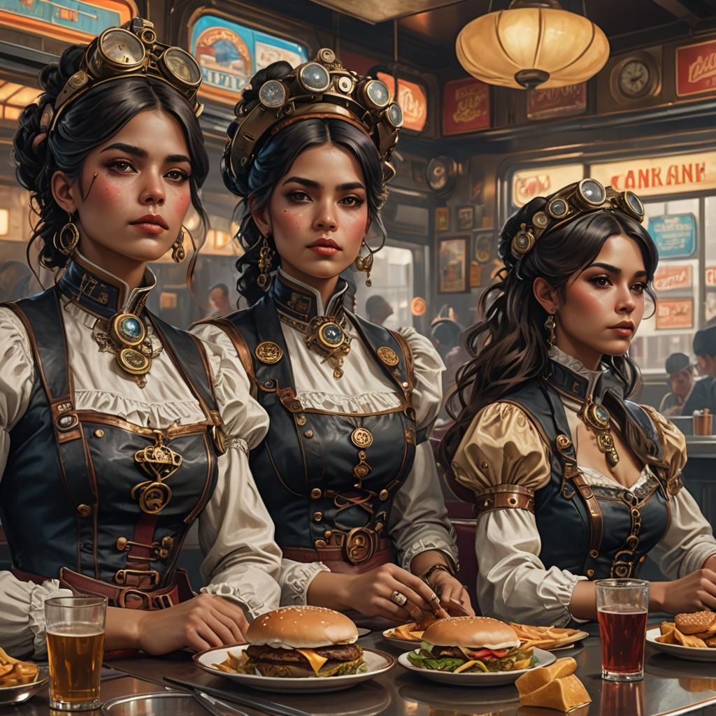 Steampunk Women Enjoy Diner Fare in a Futuristic New Jersey...