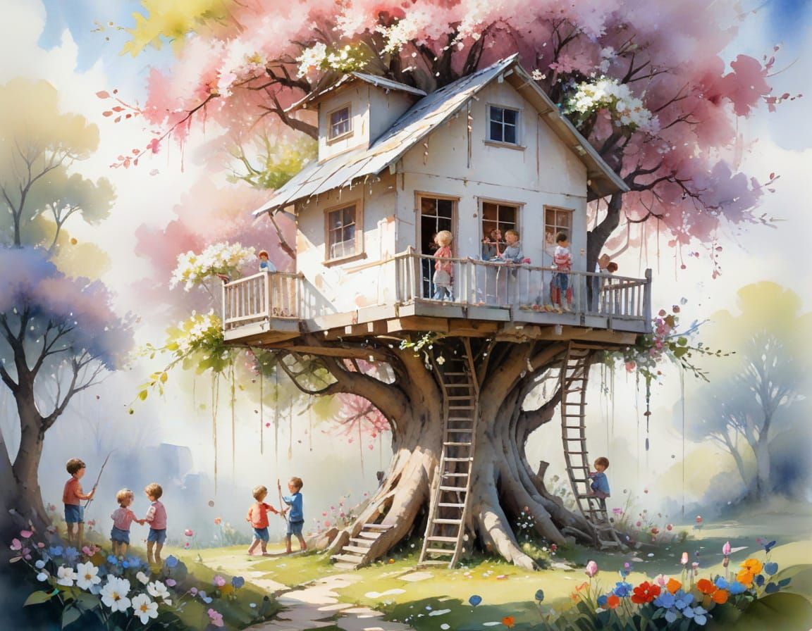 Children Building a Treehouse in Watercolor Spring Scene