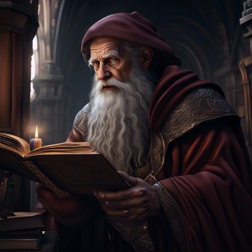 Fantasy Wizard Reading Book in Detailed Digital Painting