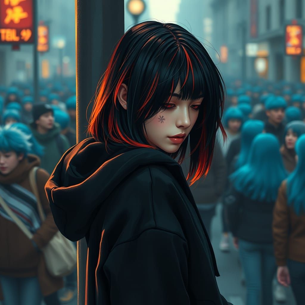 side view beautiful emo girl in black hoodie hood down with orange highlights in hair. red eyes looking down snow flake ...