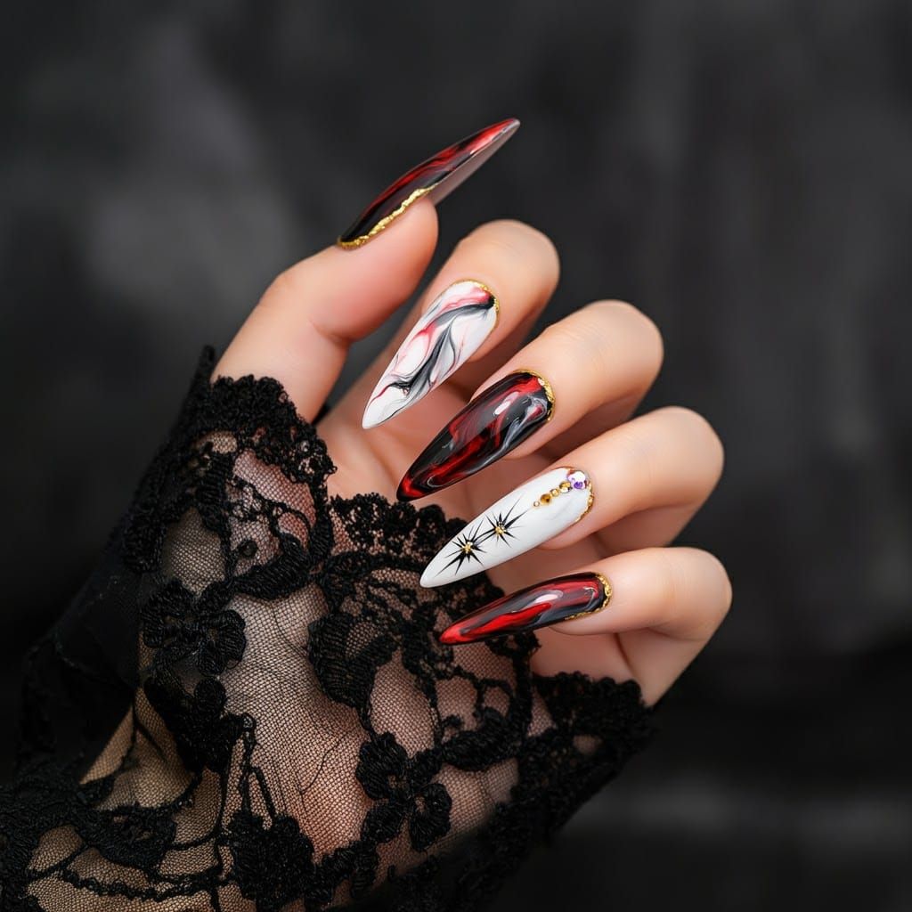 Elegant Stiletto Nail Art with Marble and Floral Designs
