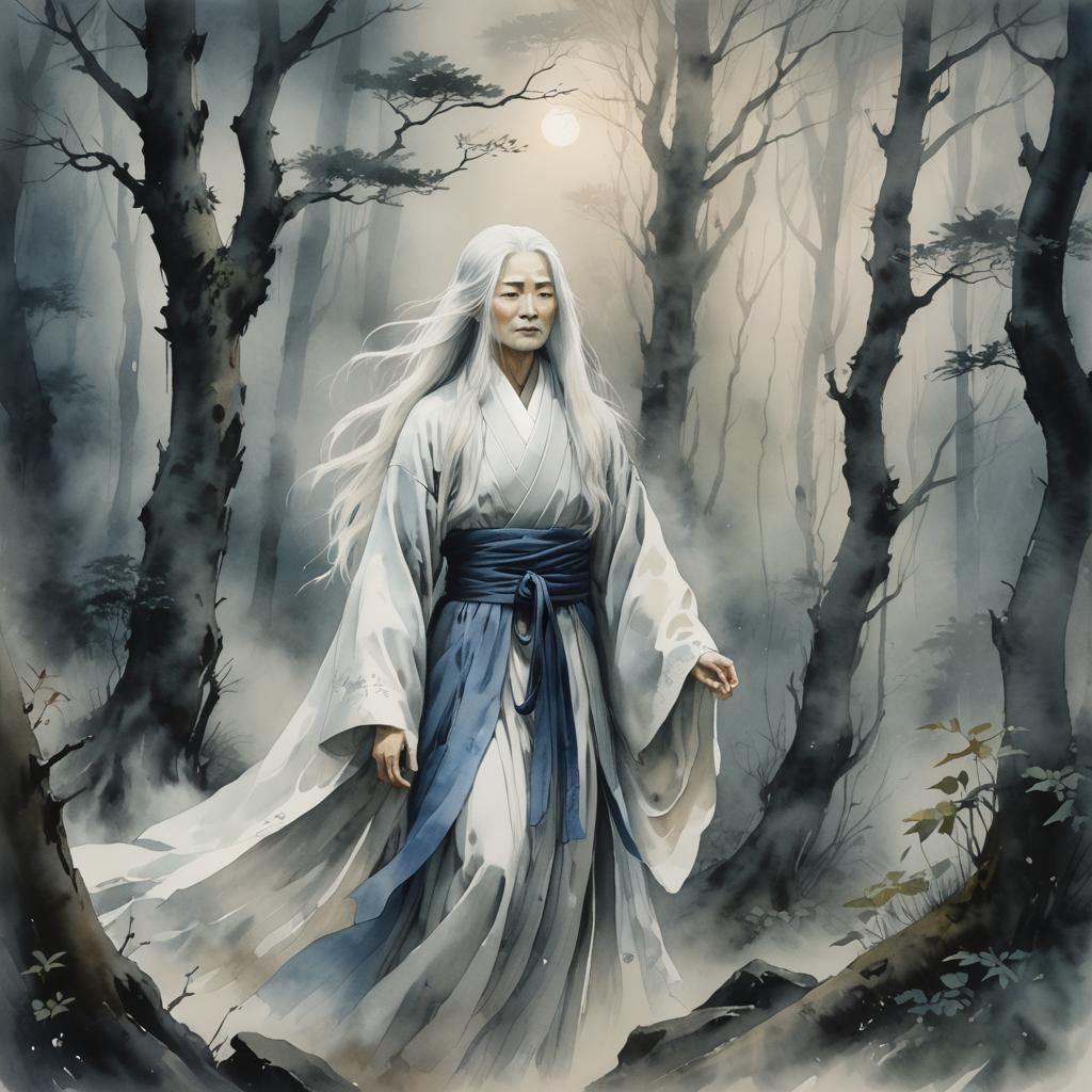 Yurei in Misty Forest: Japanese Watercolor Painting