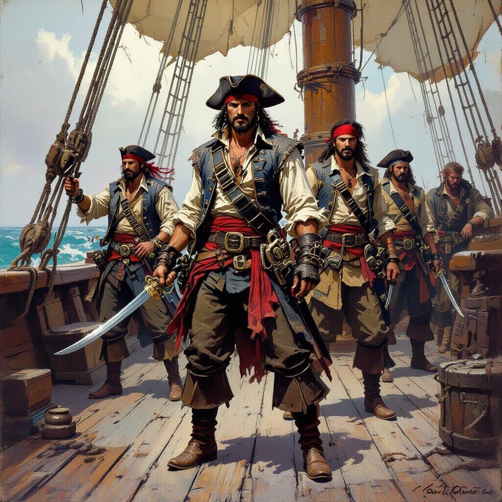 Swashbuckling Pirates on Weathered Ship Deck