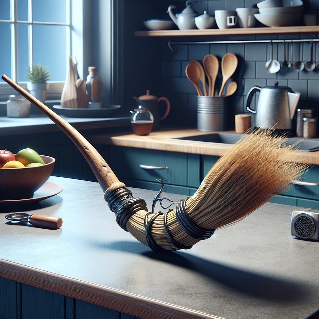 Whimsical Witch's Broom Pipe on Kitchen Counter