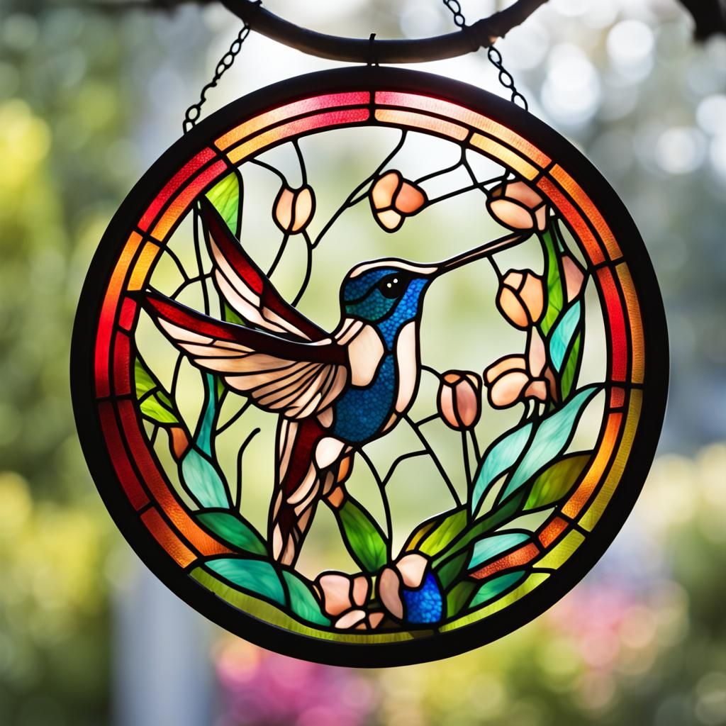 Stained Glass Hummingbird and Flowers in Circle