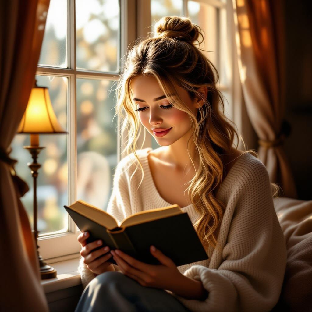Woman Reading by Lamplight in Photorealistic Style