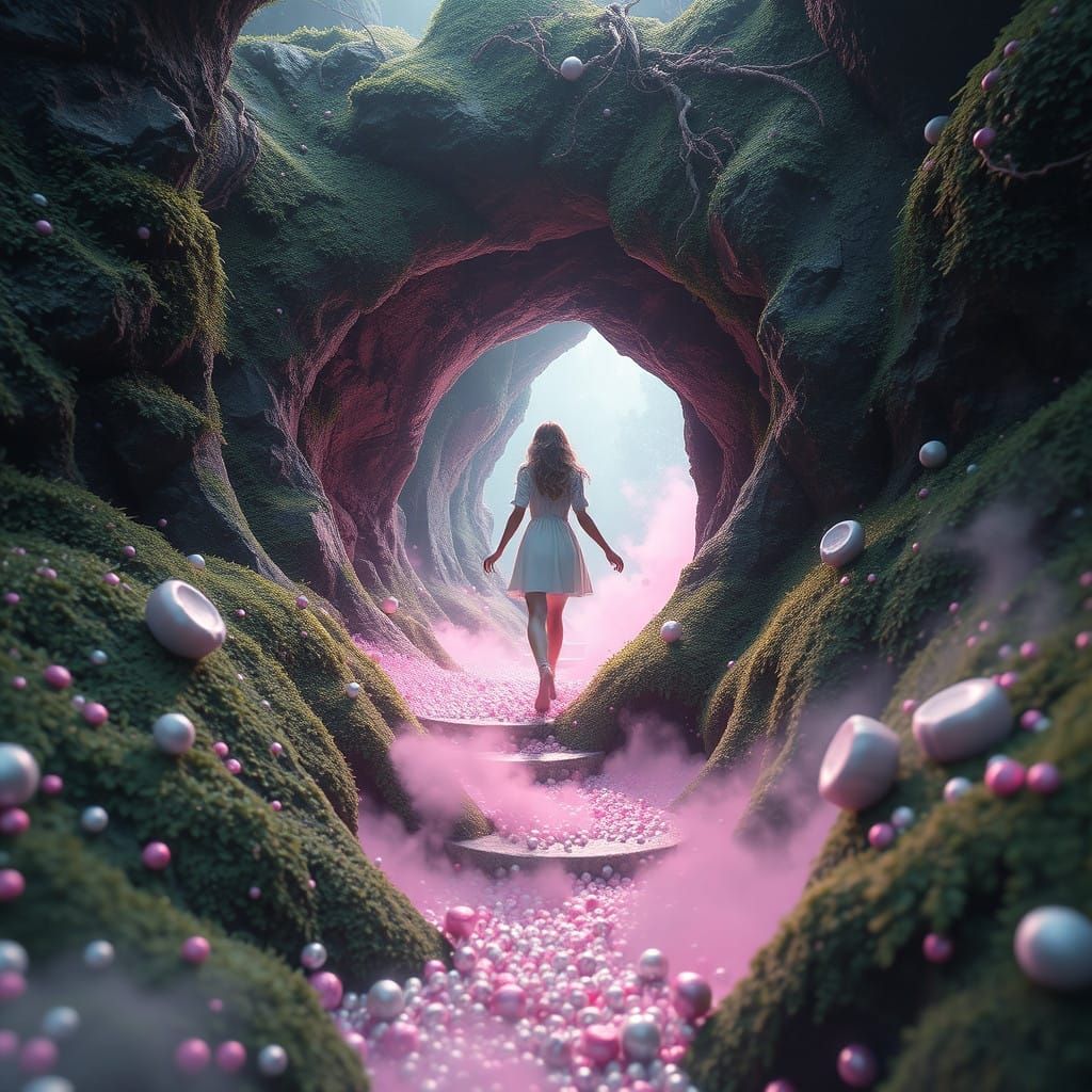 Surreal Portal to Enchanted Moss Realm with Pearls, Diamonds...