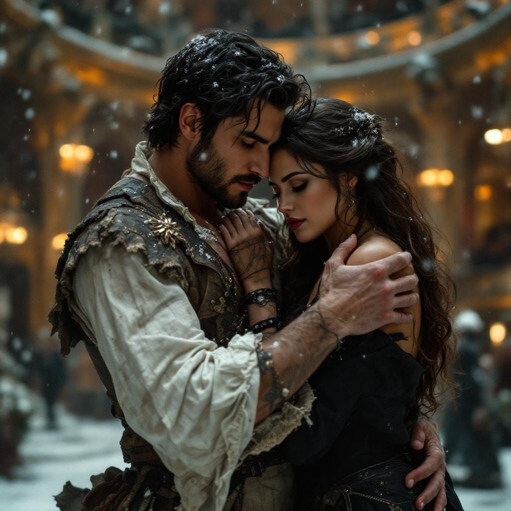 Romantic Embrace in Opulent Opera House, Art Nouveau Style