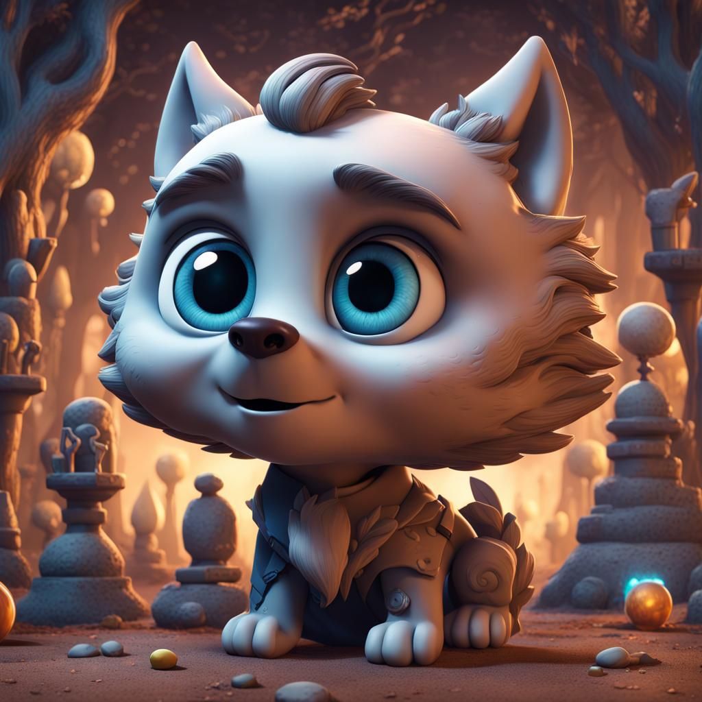 Sad Chibi Wolf in Cemetery, Pixar Style