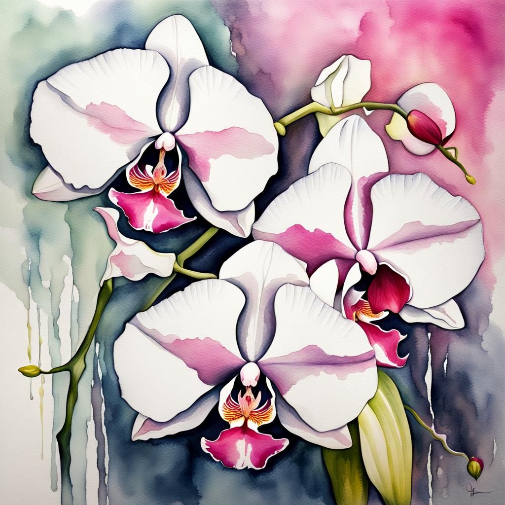 Elegant Abstract Watercolor of Pink and White Orchids